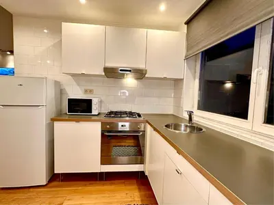 a kitchen with white cabinets and a sink and a refrigerator at Luxury Suites Museum by Rikas Hotels in Antwerp