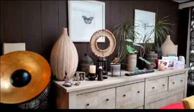 a room with a dresser with plants and a mirror at COSY HOUSE 6BEDROOMS GARDEN in Mortsel