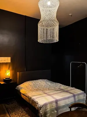 a bedroom with a bed and a chandelier at Sān home’s in Antwerp