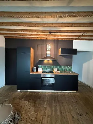 a kitchen with black cabinets and a sink at Sān home’s in Antwerp