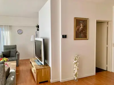 a living room with a tv and a couch at Charming Sunny 100m2 Entire Apartment with 2 bedrooms in Brasschaat