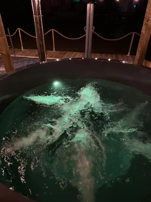 a bath tub filled with green water at night at The Zen Nest in Geel