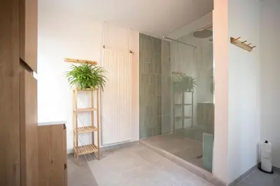 a bathroom with a shower and a ladder with plants at Kokoon in 't groen in Leuven