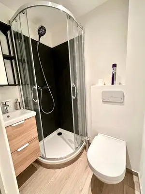a bathroom with a shower with a toilet and a sink at My Haus European Commision in Brussels