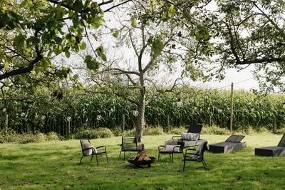 a group of chairs and a fire pit in a yard at Schuur 80 in Haasdonk