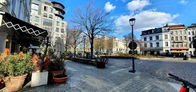 a city street with potted plants and buildings at The South Suite - trendy duplex op het Zuid in Antwerp