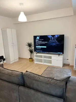 a living room with a couch and a flat screen tv at Elegant flat - Center of Brussels in Brussels