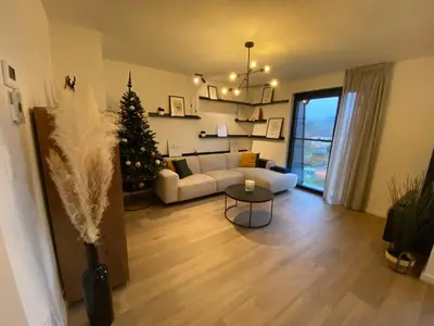 a living room with a christmas tree and a couch at Luxury & cozy apartment in Lubbeek