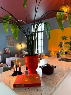 a vase with a plant on a counter with candles at Kleurrijke nieuwe woonst in hartje Antwerpen in Antwerp
