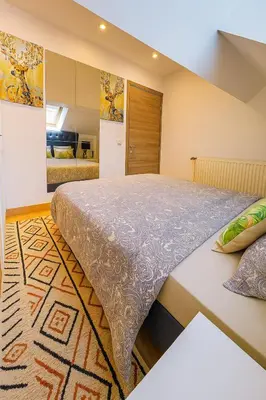 a bedroom with a king sized bed and a rug at Brussels Sanctuary Appartment in Brussels