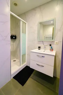 a bathroom with a white sink and a shower at Brussels Sanctuary Appartment in Brussels