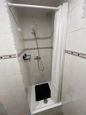 a bathroom with a shower with a black grate at Appartement au cœur de Bruxelles in Brussels