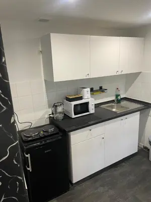 a small kitchen with a microwave and a sink at Appartement au cœur de Bruxelles in Brussels