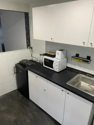 a kitchen with a microwave and a sink at Appartement au cœur de Bruxelles in Brussels