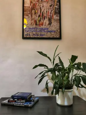 a potted plant sitting on a table with books at Cosy apartement in Antwerp's hipster neighbourhood in Antwerp