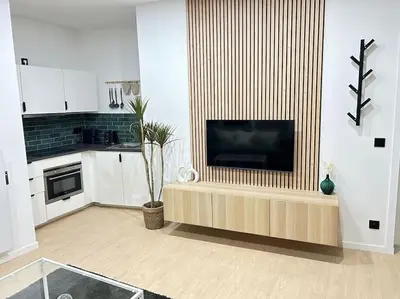 a living room with a flat screen tv on a wall at Magnifique duplex in Brussels