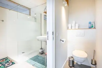 a bathroom with a shower and a toilet and a sink at Ahwell Guesthouse Gent 5 BR long term in Laarne