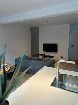 a living room with a couch and a tv at Märch - Mechelen Goat 6 in Mechelen