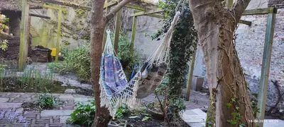 a hammock hanging from a tree in a garden at De Wijngaard in Ghent