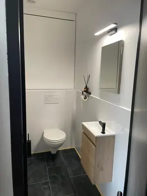 a bathroom with a toilet and a sink and a mirror at Flat vane & Soun in Waterloo