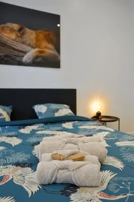 a bed with towels on top of it with a dog at Classy 1BR Apartment Overlooking a Beautiful Park in Antwerp