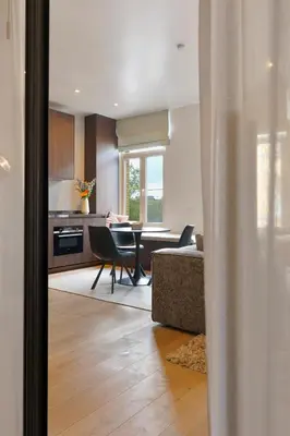 a kitchen and living room with a table and chairs at Classy 1BR Apartment Overlooking a Beautiful Park in Antwerp