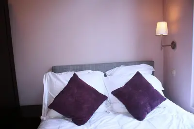 a bed with two purple pillows on top of it at EU B&B in Brussels