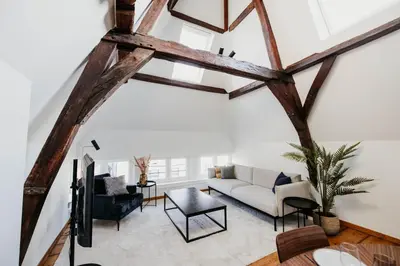 an attic living room with wooden beams at Gorgeous duplex apartment in old city centre in Antwerp