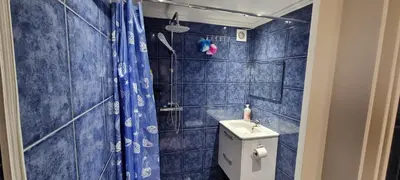 a blue tiled bathroom with a toilet and a shower at Studio Alex in Ghent