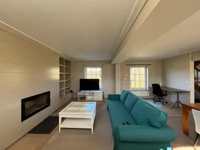 a living room with a blue couch and a fireplace at Duplex Rosières - 12’ de Bruxelles in Rixensart