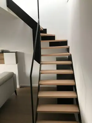 a staircase with black and white risers in a room at Duplex avec terrasse quartier européen in Brussels