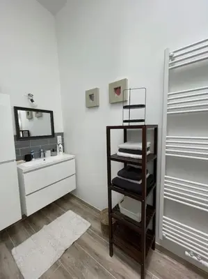 a bathroom with a sink and a shelf with towels at studio indépendant sans cuisine - Le coin cosy avec WIFI in Brussels