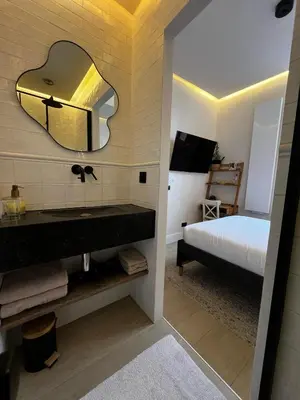 a bathroom with a sink and a mirror and a bed at Roxy's Fishmarket in Leuven