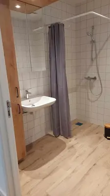 a bathroom with a sink and a shower at Juffertje in't groen in Tessenderlo