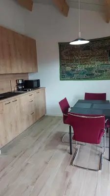 a kitchen with a table and red chairs in a room at Juffertje in't groen in Tessenderlo