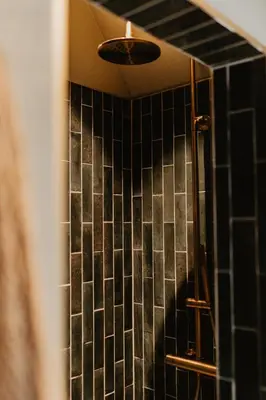 a bathroom with a shower with black tiled walls at Stil 1827 in Sint-Laureins