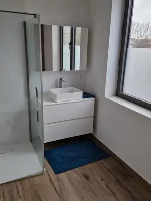 a bathroom with a sink and a mirror at Volledige gezinswoning te huur in Mechelen