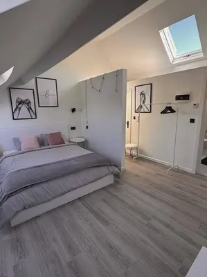 a bedroom with a large bed and a skylight at Skyroof à Ixelles - Viaduc in Brussels