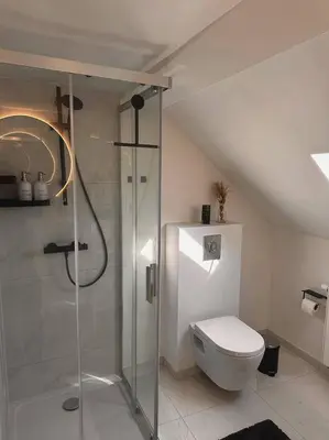 a bathroom with a shower and a toilet at Skyroof à Ixelles - Viaduc in Brussels