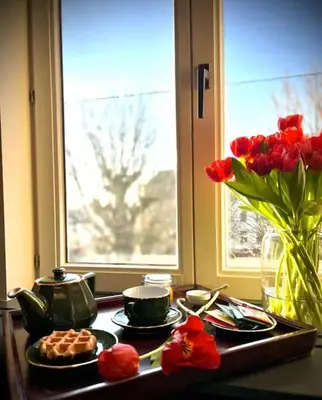 a table with plates of food and a vase of flowers at Agelandkaai (.be) Free Parking in Ghent