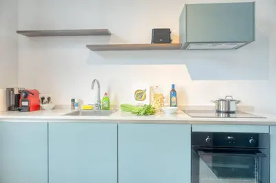 a kitchen with a sink and a stove at Unique 2-BR Antwerp Apt in Antwerp