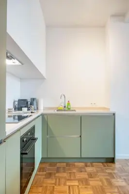 a kitchen with a sink and a stove at Cozy Retreat in Antwerp with balcony in Antwerp
