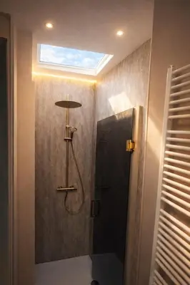 a bathroom with a shower with a skylight at Mansion RL with Unique Decoration in Antwerp