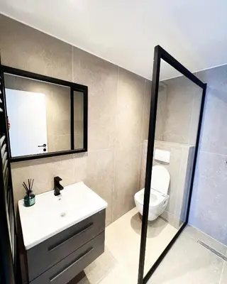 a bathroom with a toilet and a sink and a mirror at Mayfair Suites in Antwerp