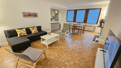 a living room with a couch and a table at Apartment Chez Esmara et Philippe in Brussels