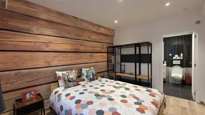 a bedroom with a wooden accent wall and a bed at Apartment Chez Esmara et Philippe in Brussels