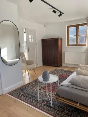 a bedroom with a bed and a mirror and a table at The Conservatory, a cosy holiday home located central between Gent Antwerpen & Brussel in Lokeren