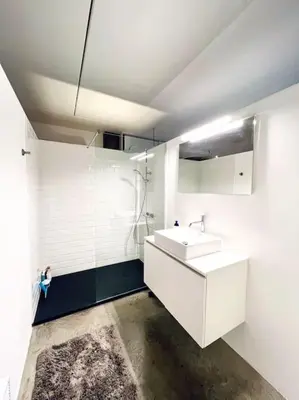 a white bathroom with a sink and a shower at Loft Antwerp - Eilandje in Antwerp