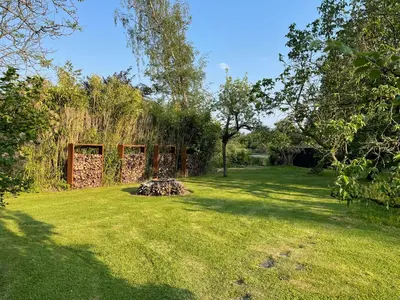 a yard with a tree stump in the grass at Etablo B&B in Bornem