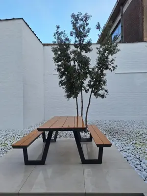 a picnic table with a tree sitting next to a building at Huis ALNA 5 in Mechelen